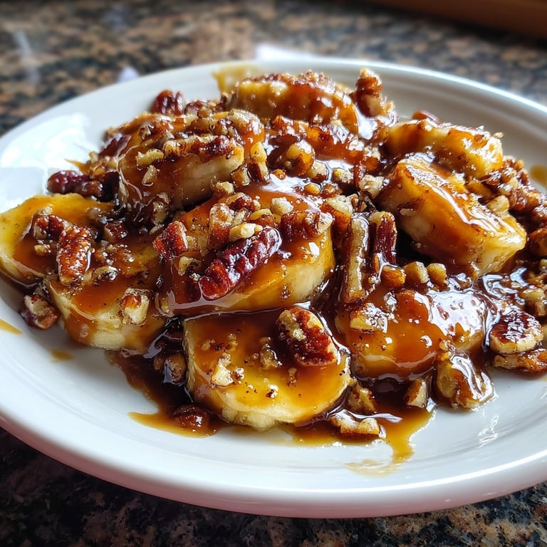 Bananas Foster con nueces pecanas y caramelo