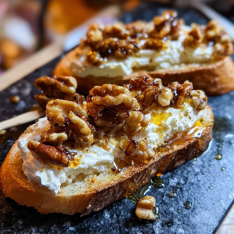 Crostini de ricotta batida con nueces y miel salada