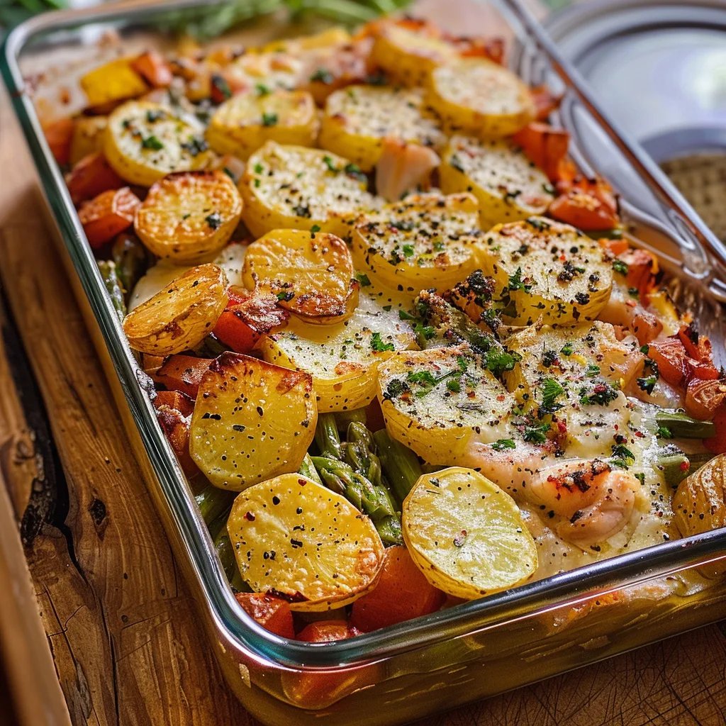 Salmón y patatas con verduras al horno