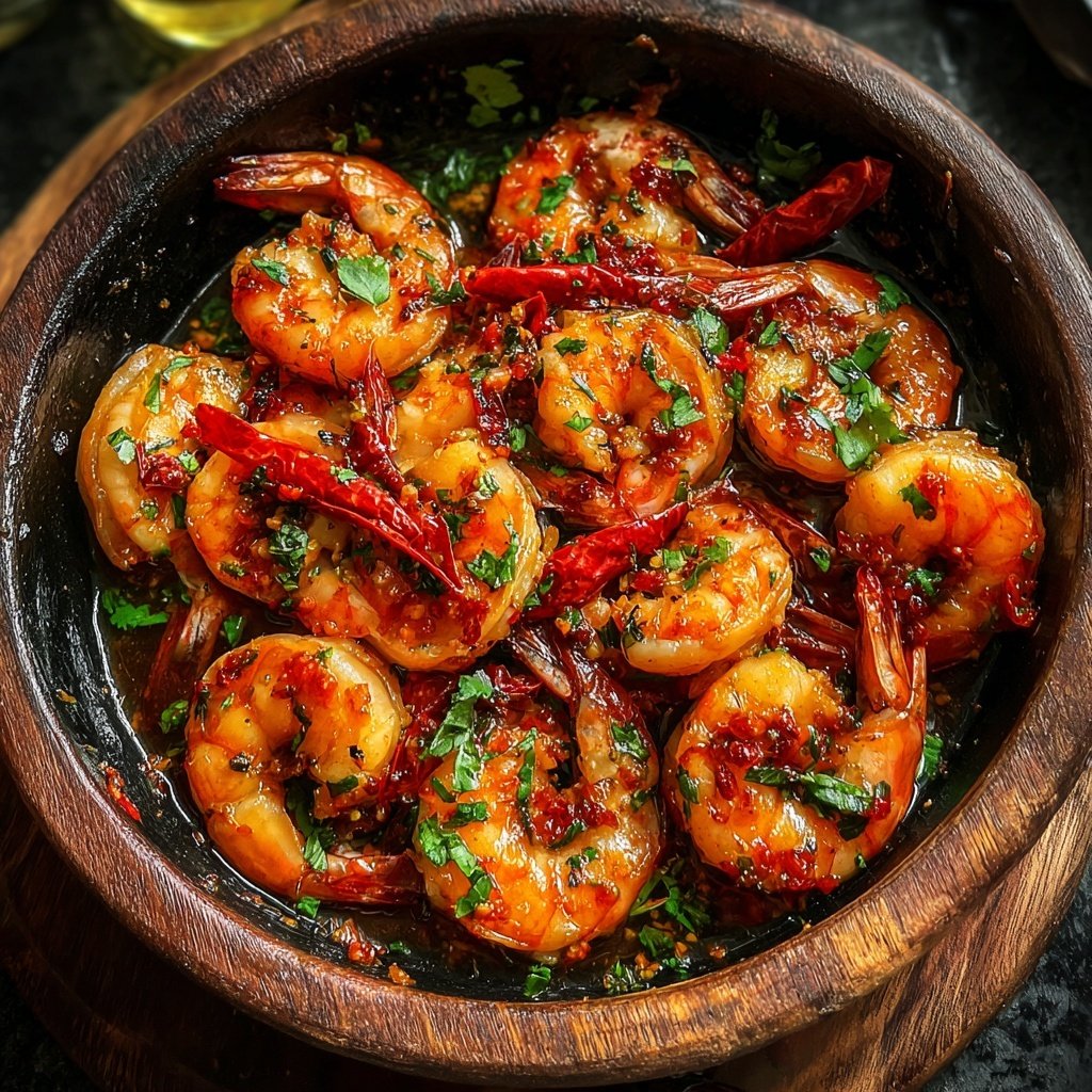Gambas al ajillo con aceite de oliva y guindilla​