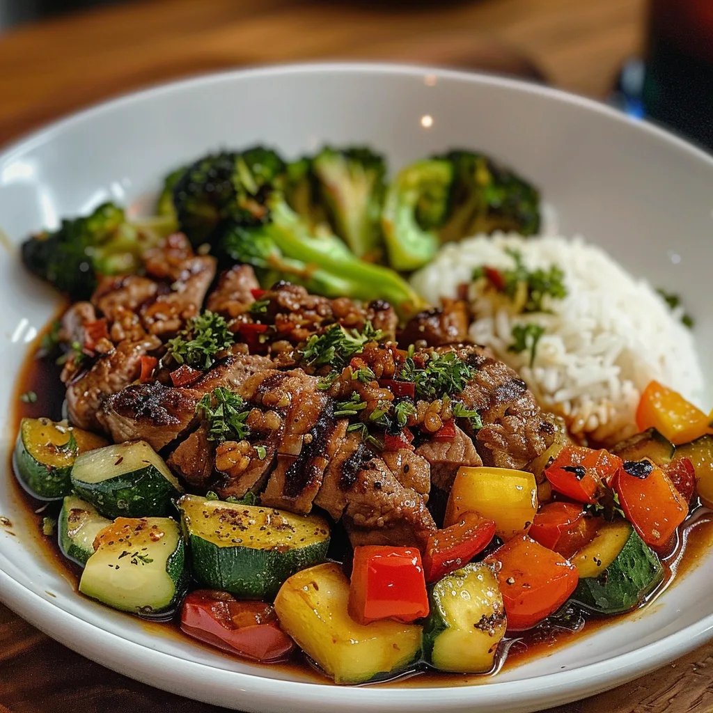 Salteado de carne picada picante con verduras al ajillo y arroz al vapor