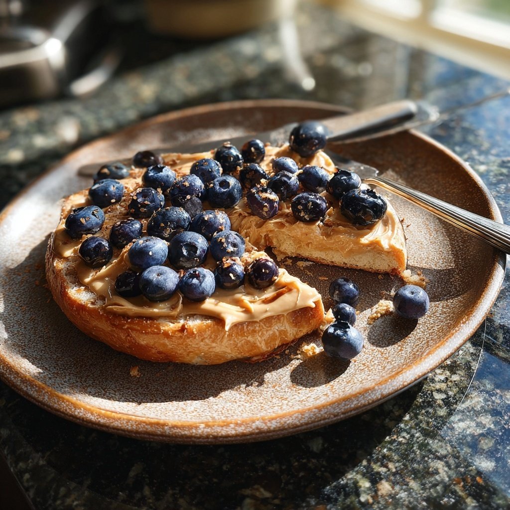 Tostada de croissant mantequilla de maní arándanos
